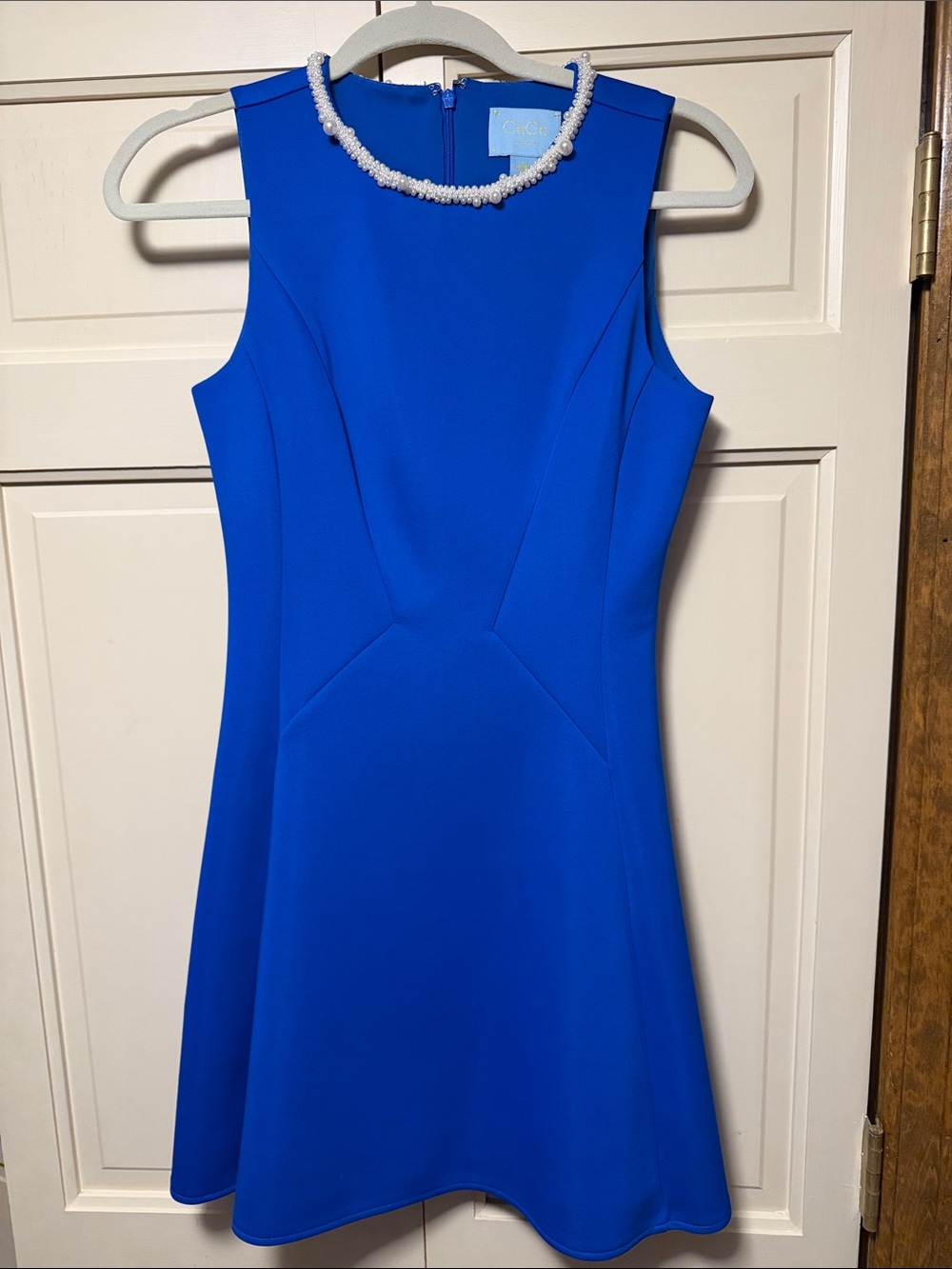 CeCe Bright Cobalt Blue Sleeveless Fit-and-Flare Dress with Pearl Neckline